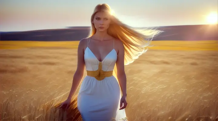 Poludnica:
Picture a vibrant, sunlit field of golden wheat at high noon, where the Poludnica, or Lady Midday, materializes. She is depicted as a tall, slender woman dressed in a flowing white dress that reflects the harsh sunlight. Her hair is long and looks almost like strands of wheat, and her eyes are sharp, piercing through the haze. She moves gracefully among the stalks, her presence almost ghostly. The heat waves rising from the ground create a shimmering effect around her, enhancing her ethereal, menacing aura as she approaches an unsuspecting field worker.