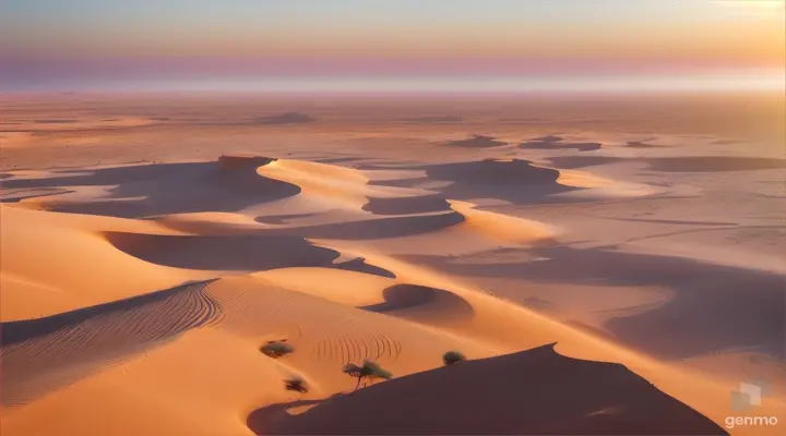 Sobrevoe sobre o deserto do Saara, há mais de 2000 anos. Ao amanhecer. Palmeiras. Vegetação desértica. Belo cenário que lembra a histórias bíblicas. Ambiente Calmo. Iluminação perfeita. Linda e inspiradora paisagem bíblica. Estilo Desenho Animado. 1280 x 720 pixels