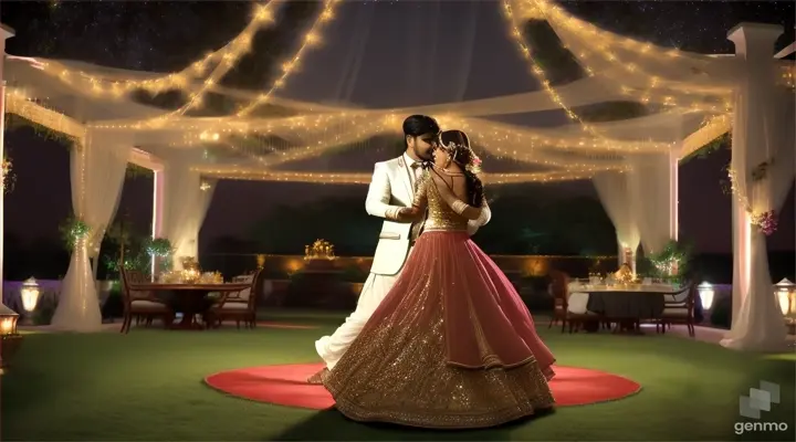 Show a Pakistani modern couple deeply in love, lost in each other's eyes as they dance to the melody , at luxury home lawn , night time, sky moon and stars ,full view ,video ratio 16:9