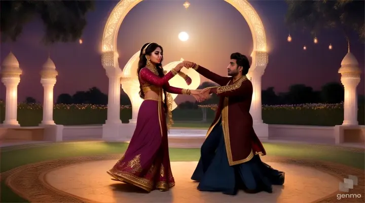 Show a Pakistani modern couple deeply in love, lost in each other's eyes as they dance to the melody , at luxury home lawn , night time, sky moon and stars ,full view ,video ratio 16:9