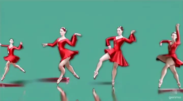 women in a red dress. ballerina in a red dress are running across the stage, a ballerina in a red dress, a ballerina in a red dress is jumping high and spinning in the air. The background is completely green and is used as a green chromokey. overall plan