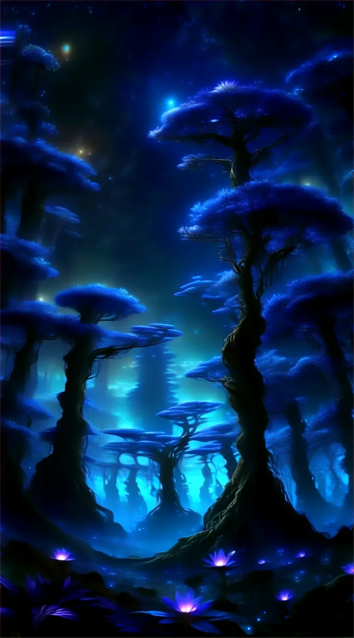 a painting of a forest at night with blue lights