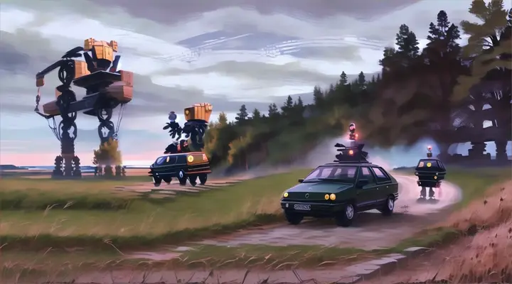 a car driving down a dirt road next to a tall robot walking toward the caring the day time  8k realistic