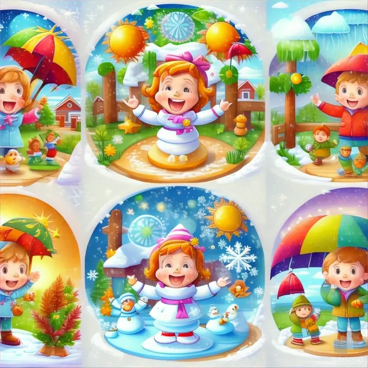 a set of four pictures of children playing in the snow