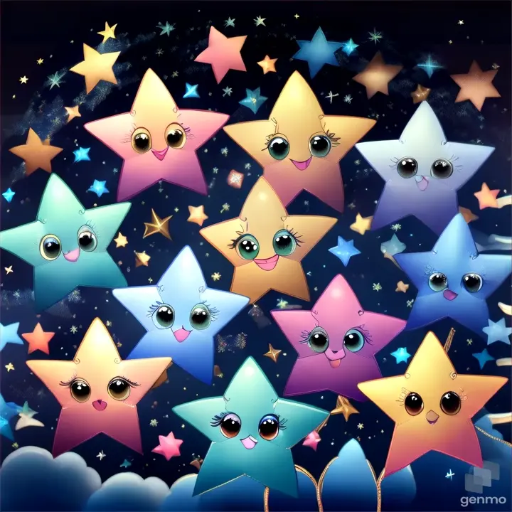 a group of stars with eyes and stars in the background