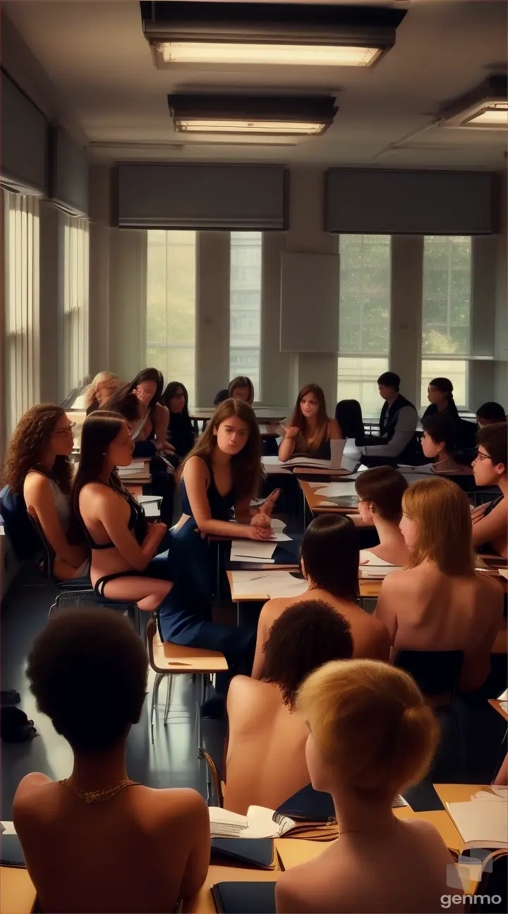 Editorial-style photograph featuring a group of modern-day students discussing the ethical implications of the Ivy League nude photoshoots, reflecting on the lessons learned from this controversial episode in academia