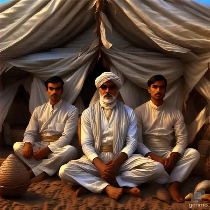 a group of men sitting in front of a tent, make the scene animated 