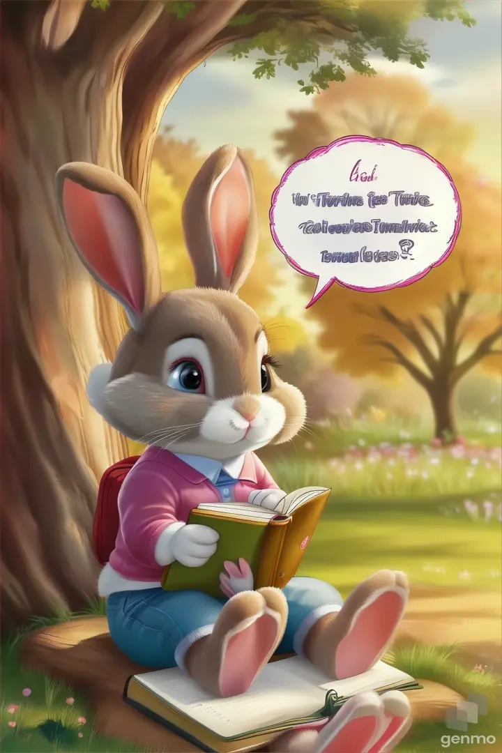 a cartoon bunny sitting under a tree with a notebook