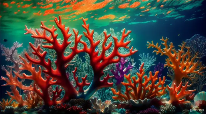 Vibrant coral reef teeming with marine life, glass art, employing layering and light to mimic underwater scenes