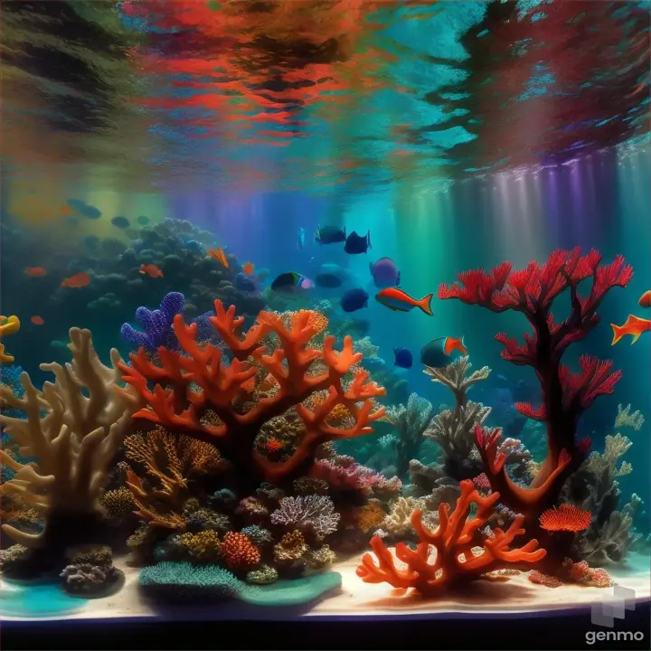 Vibrant coral reef teeming with marine life, glass art, employing layering and light to mimic underwater scenes