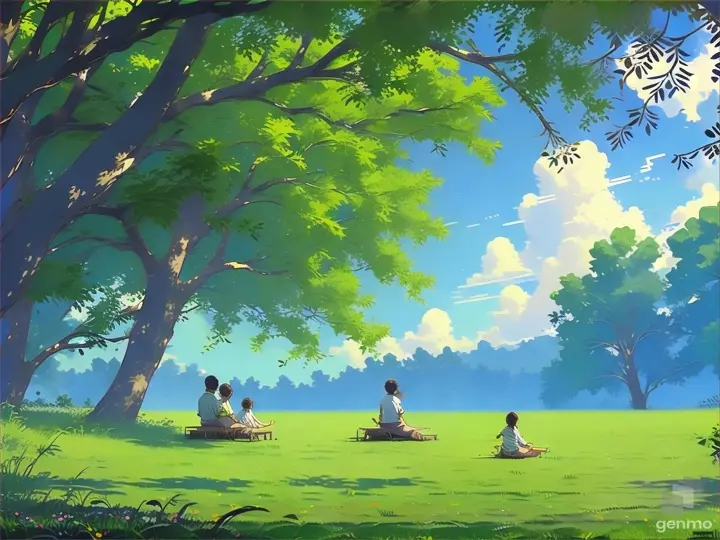 a couple of people sitting on top of a lush green field