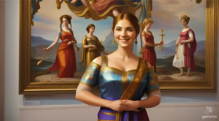 A WOMAN IN AN ART GALLERY, STANDING, WITH OPEN ARMS AND SMILING IN FRONT OF A PICTURE OF OTHERS QOMANS
