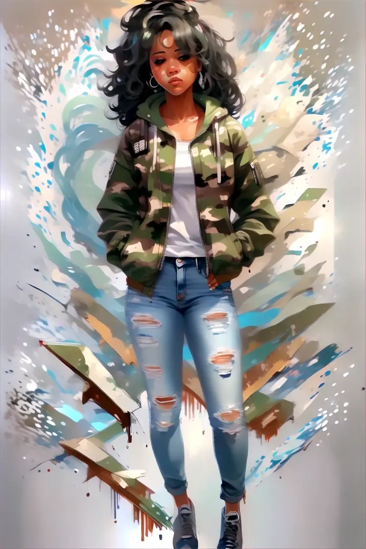 a digital painting of a woman in a camouflage jacket