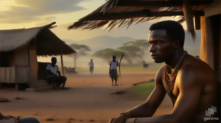 a man sitting in front of a hut