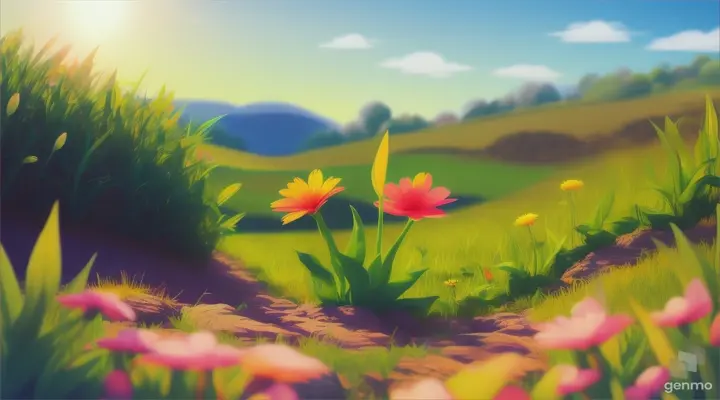 Cartoon very beautiful baby plant in field 