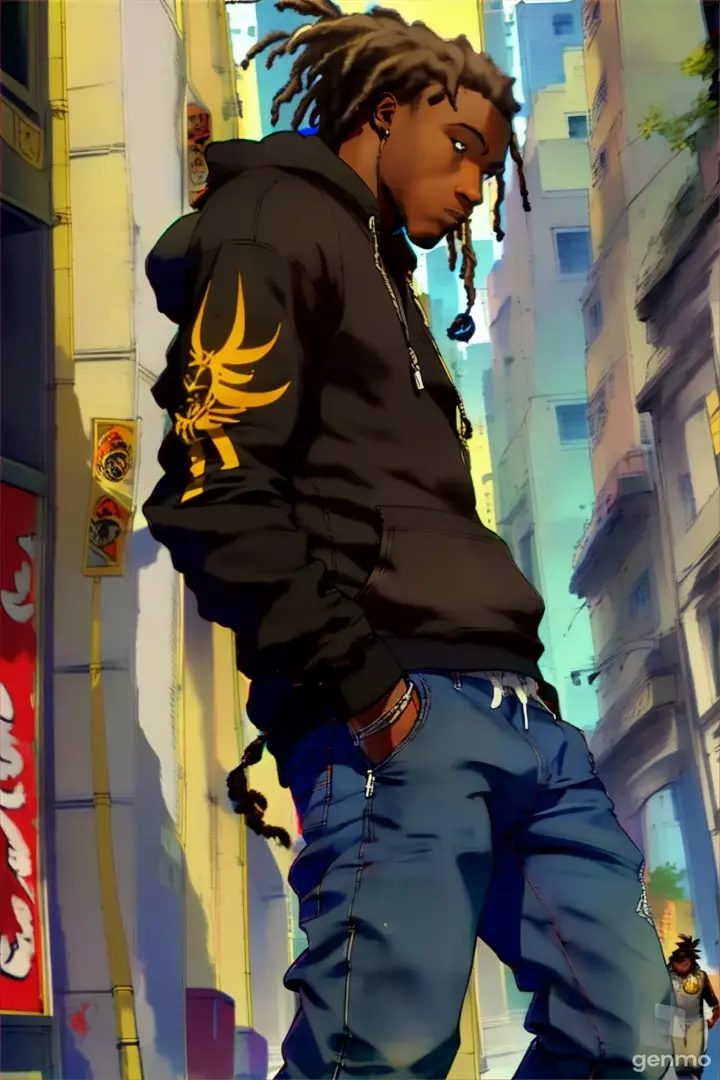 young black man with dreadlocks with (black Hoodie) and blue jeans, kellan, streetfighter on a city street