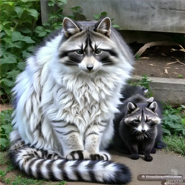 a cat and a raccoon sitting on the ground