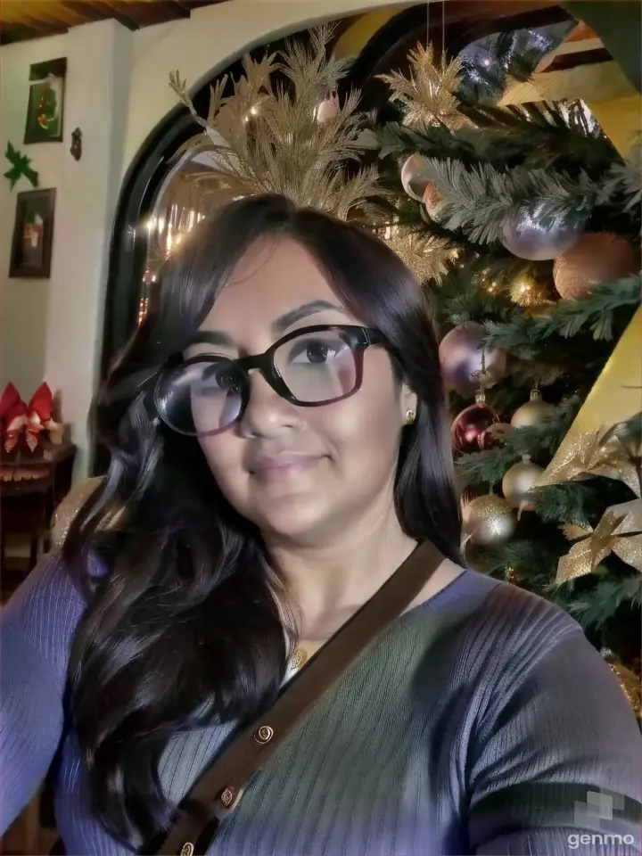 a woman wearing glasses standing in front of a christmas tree