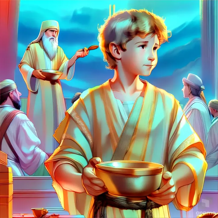 a painting of a boy holding a bowl of food
