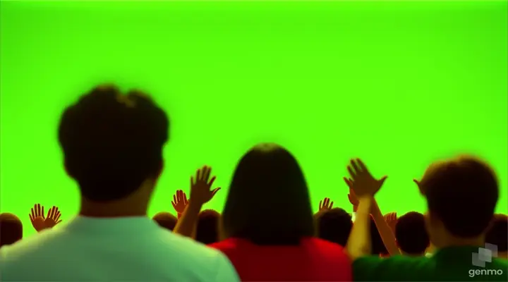 a group of people , raising hands, cheerful  in front of a green screen