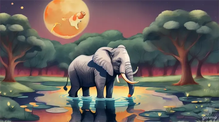 A playfull cartoon of an elephant at a orange full moon reflection in a pond in a forest in 16:9 ratio