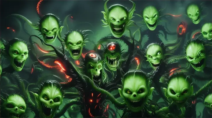 A LOT OF SCARY  green ALIENS plant CREATURES  that have alien heads faces and arms MOVING FAST REACHING TOWARDS YOU TO GRAB YOU with moving squiggly tentacles WITH ANGRY FACES MEANCING TEETH THAT OPENS ITS MOUTH WIDE 