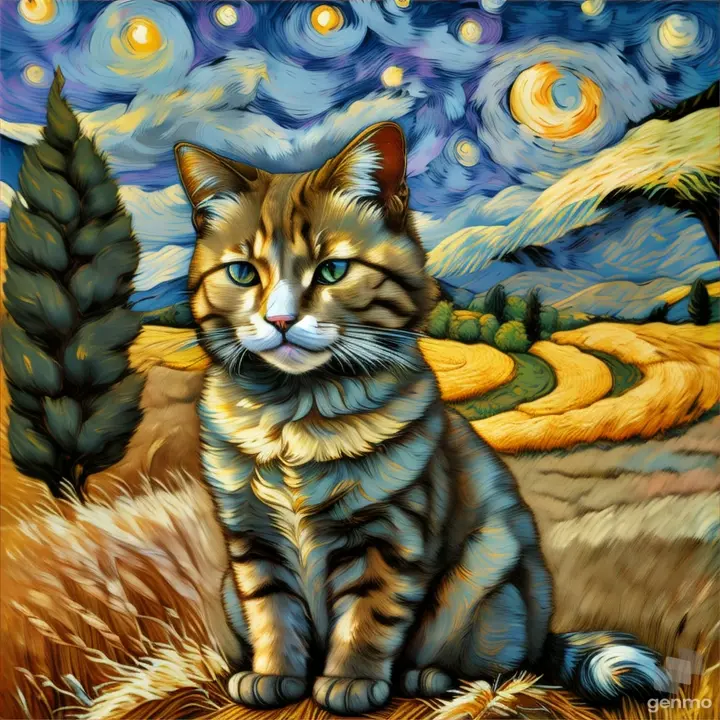 a painting of a cat sitting in a wheat field