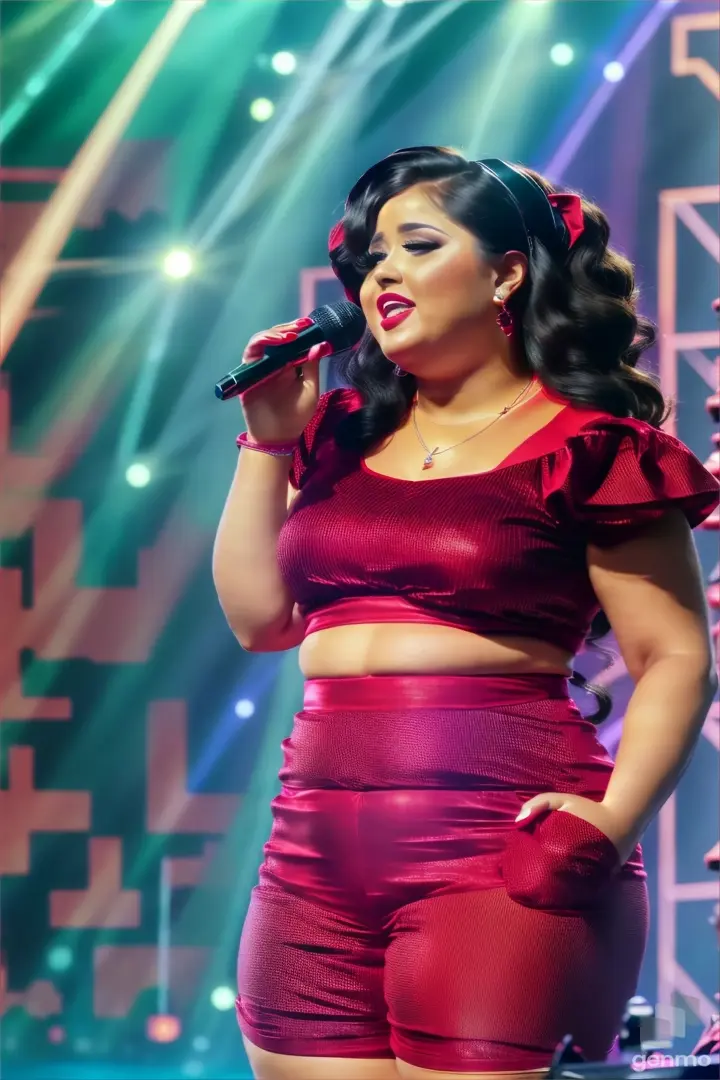 a woman in a red outfit singing into a microphone,Singing while tilting your head