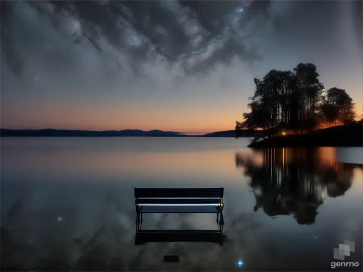 A black bench at the edge of a serene, reflective lake or ocean, with a navy sky above and stars reflecting in the water