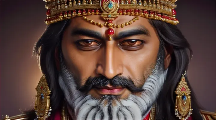 /imagine prompt: 3d animation, personality: [Create a close-up shot of Maharaja Vikramaditya's face, showcasing his regal and wise demeanor. His eyes should convey a sense of wisdom and authority, while his groomed beard adds to his dignified appearance. Use warm lighting to accentuate the details of his features, such as his well-defined cheekbones and composed expression. Make sure to highlight the intricate jewelry and majestic crown adorning his attire, reflecting his royal status. The background should feature symbolic elements representing his patronage of literature and the arts, further emphasizing his cultural significance] unreal engine, hyper real --q 2 --v 5.2 --ar 16:9