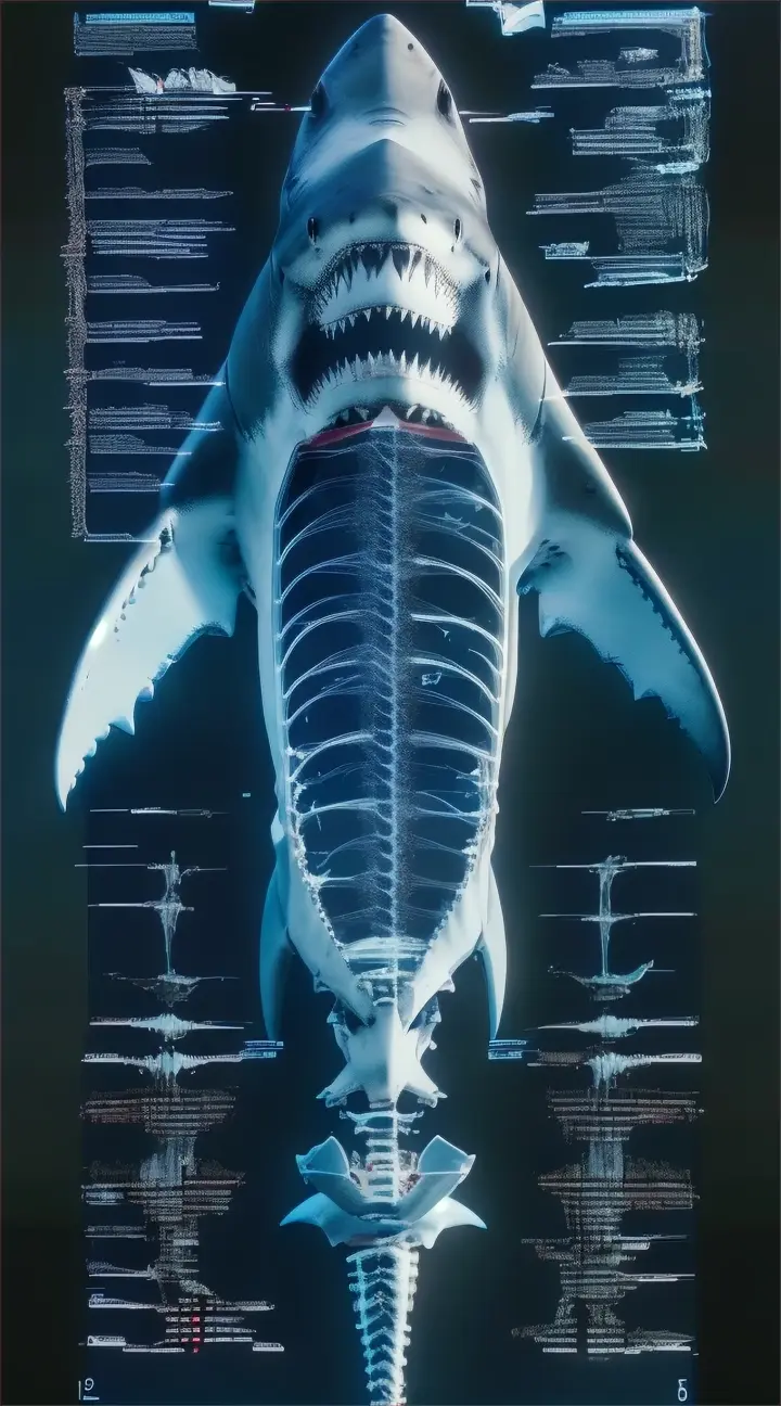 a shark with a skeleton in it's mouth, medical data about the shark bones.