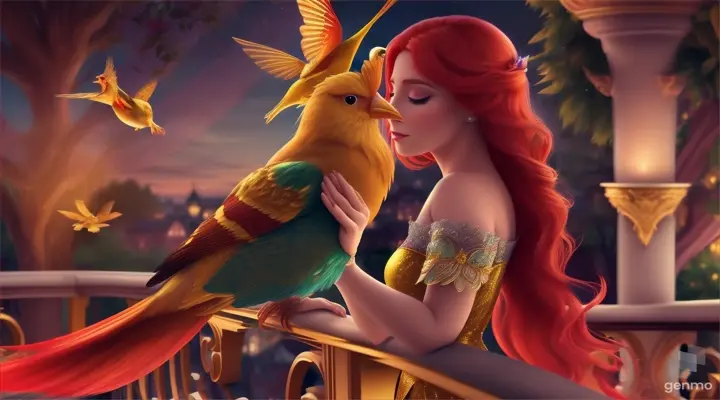 create an animated video of : Every night, Princess Rosalie with red hair stand in her balcony and sang, the most magnificent golden bird would fly up and perch on her shoulder.