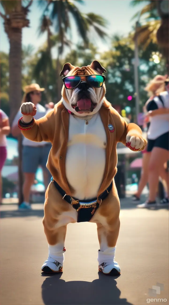 A bull dog dancing 