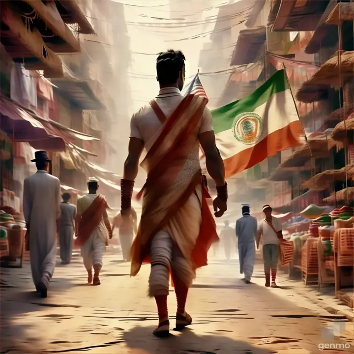 a man walking down a street holding a flag, make the scene real walking 