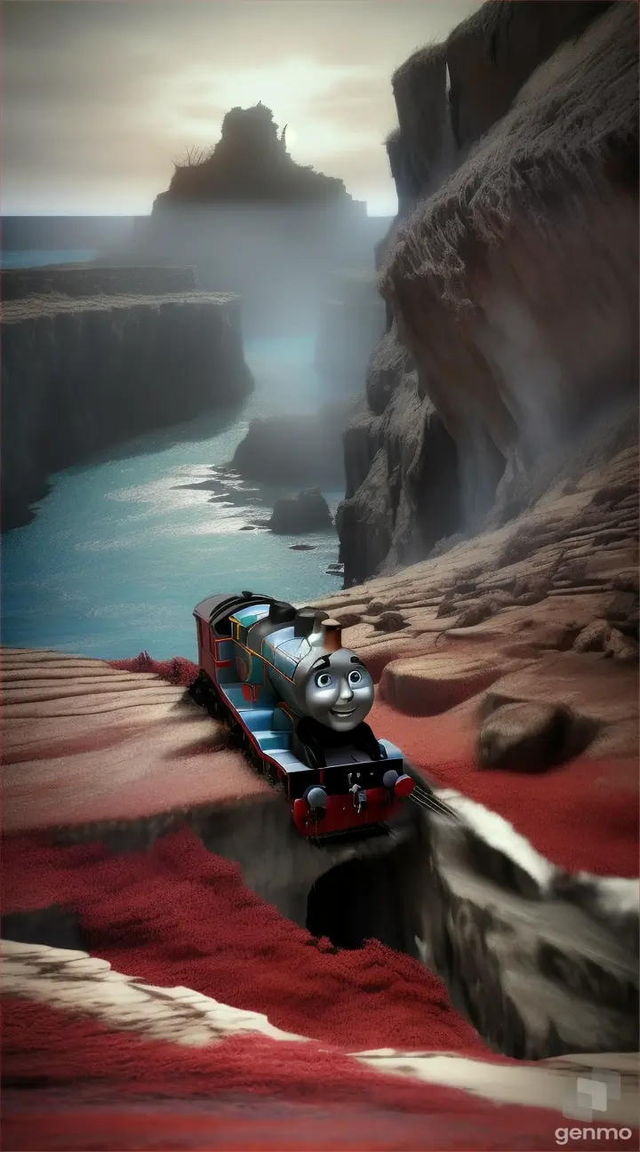 (Thomas the Train tank engine) with giant SPIDER LEGS, FULL HAIRY LEGS, BLACK LIQUID dripping out of the mouth, background red sea
