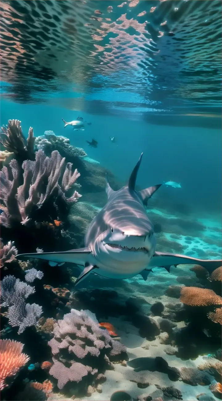 a shark swims over a coral reef in the ocean.