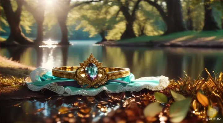 royal attire and very expensive clothes and jewelery are lying in the forest  next to the lake shore.