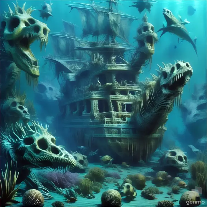 an underwater scene of a ship with skeletons and other animals