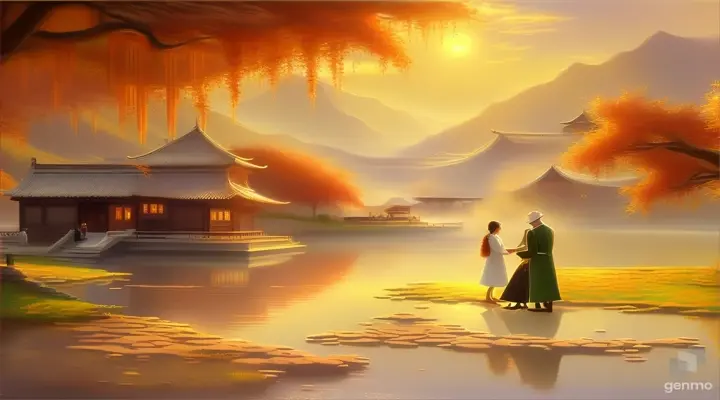 a painting of a man and a woman standing in front of a lake