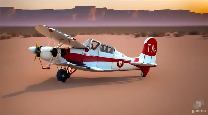 Imagine um Pequeno avião antigo monomotor vermelho e branco com hélice preta parado em uma pista de barro no deserto do Saara. Avião distante. Ao amanhecer. Vegetação desértica. Belo cenário que lembra a histórias bíblicas. Ambiente Calmo. Iluminação perfeita. Linda e inspiradora paisagem bíblica. Estilo Desenho Animado. 1280 x 720 pixels