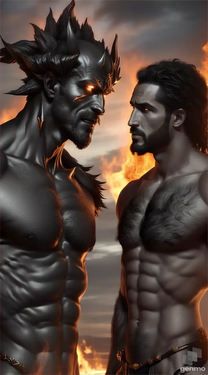  an Ifrit jinn and a man talking each other in a ground in night 