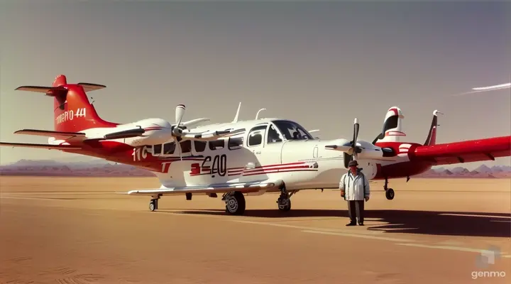 Imagine um Homem com 40 anos contemplando  um antigo e pequeno avião modelo Pilatus PC-12 vermelho e branco, parado em uma pista de barro no deserto do saara. Anos de 1960. Imagem perfeita. Iluminação perfeita. Ao amanhecer. Ambiente calmo. Estilo Desenho Animado. 1280 x 720 pixels