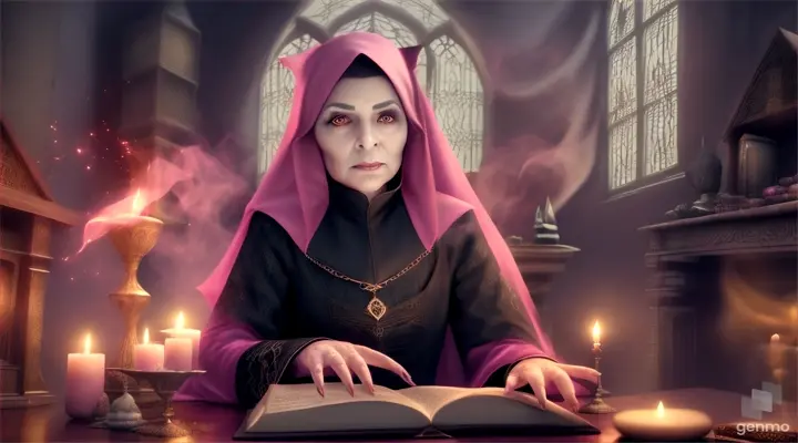 An old witch wearing a pink abaya and sitting on a chair inside the room, a terrifying 3D cinematic scene