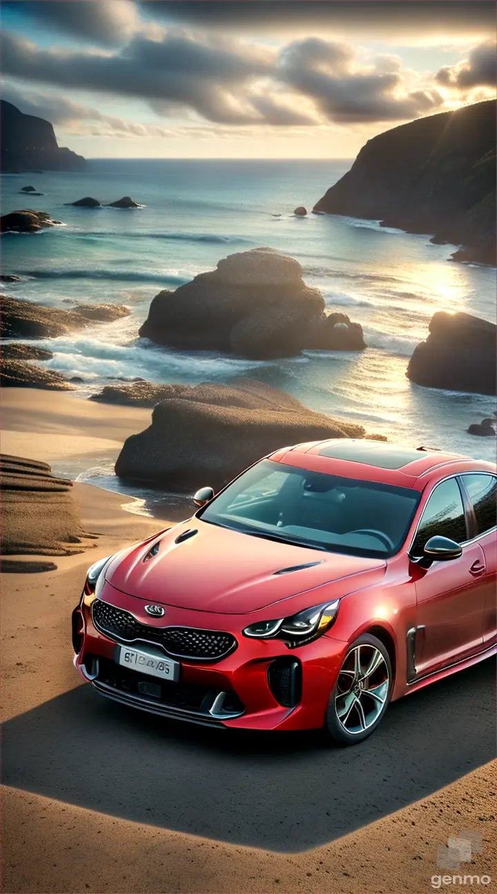 From the Kia Stinger salon there is a view of the rocks and the ocean, professional, cinematic