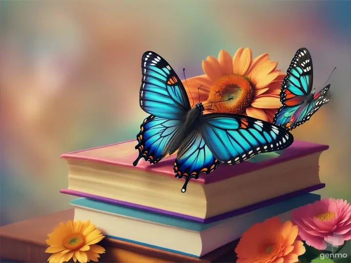 A towering stack of books with an elegant butterfly perched on top, surrounded by a swirl of smaller butterflies and vibrant flowers