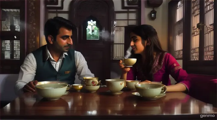 In a quaint tea house in Lahore, a pair of Pakistani lovers exchange wistful glances over steaming cups of chai, recalling the sweetness of their past love. Capture the bittersweet atmosphere as they navigate the complexities of their feelings, full view, video ratio 16:9