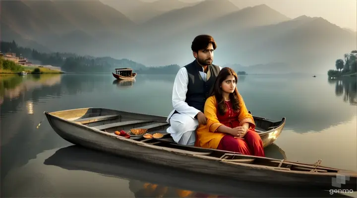 In the serene beauty of the Kashmir Valley, a Pakistani couple takes a boat ride on Dal Lake, their hearts heavy with the weight of unspoken words. Write about the silence between them as they confront the ghosts of their past relationship, full view, video ratio 16:9