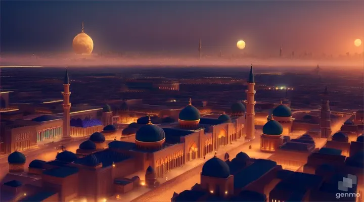 Muslim city bankgraund 3 d animation night house 