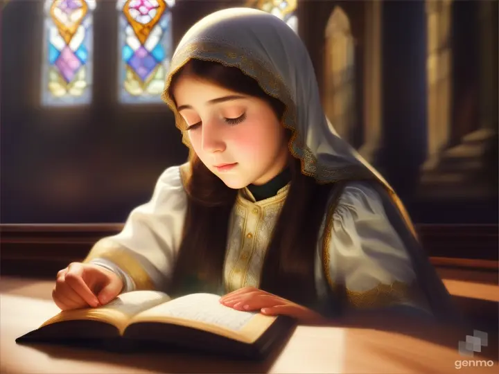 A young girl reading a Quran, with light streaming through a stained glass window behind her