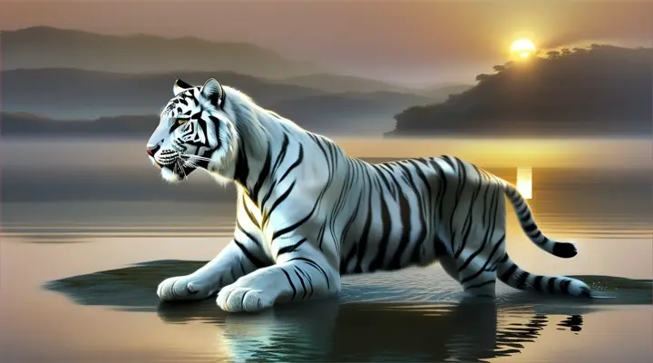 white tiger looking at the sun, middle of a lake,  splash art, soft colors 